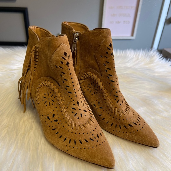Sigerson Morrison Brown Perforated Suede Fringe Booties 6B - Picture 4 of 12